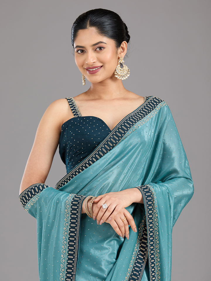 Sea Green Stonework (Silver) Chiffon Saree