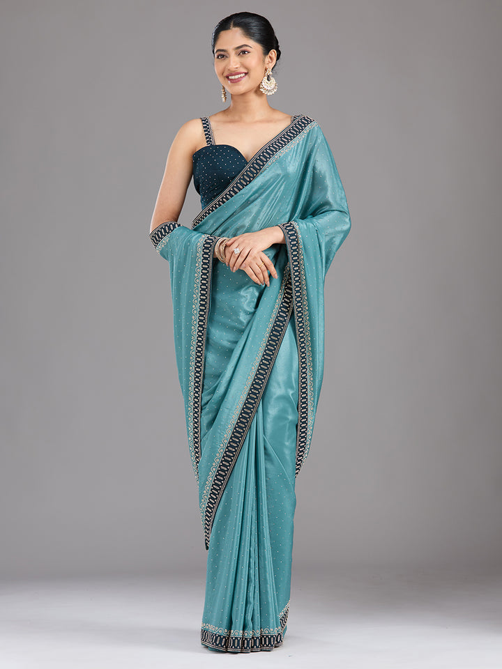 Sea Green Stonework (Silver) Chiffon Saree