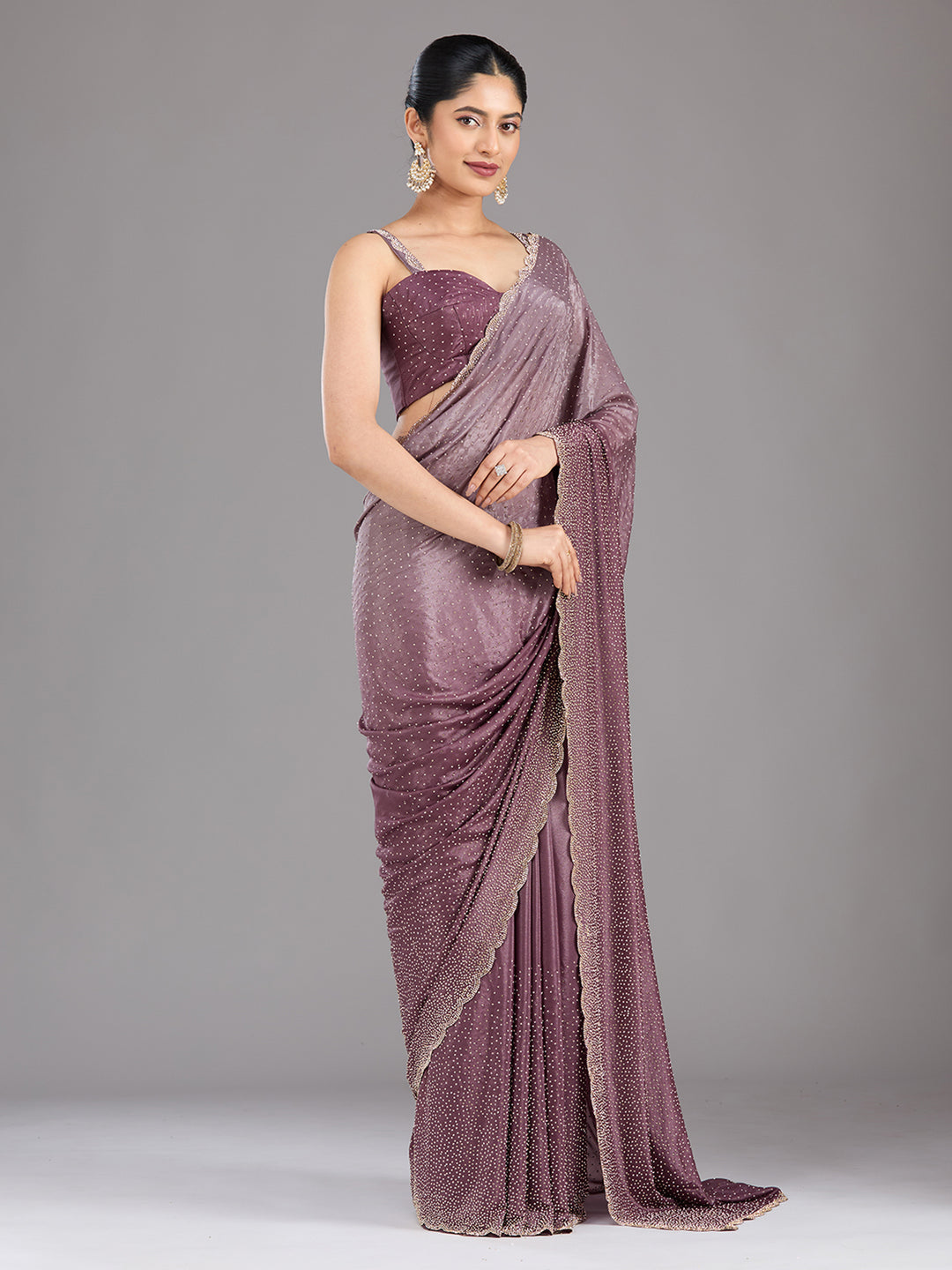 Lavender Stonework (Gold) Satin Saree