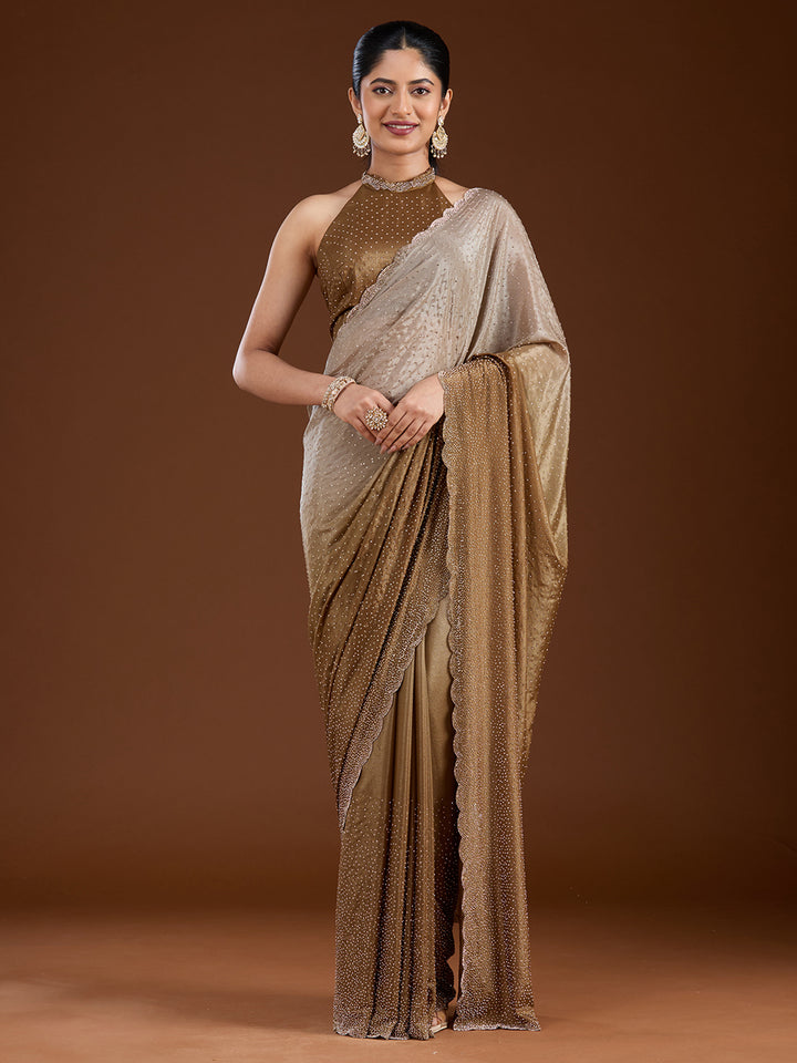 Light Grey Satin Gold Stonework Saree With Matching Blouse Piece