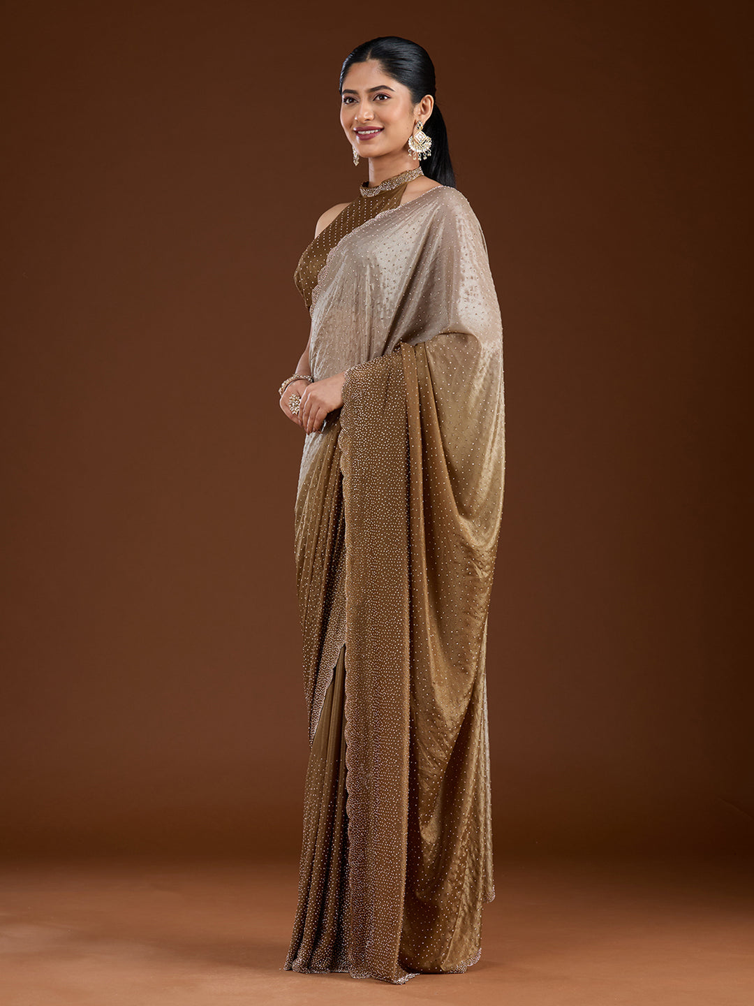 Light Grey Satin Gold Stonework Saree With Matching Blouse Piece