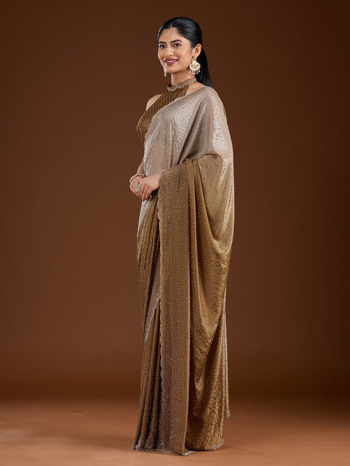 Light Grey Satin Gold Stonework Saree With Matching Blouse Piece