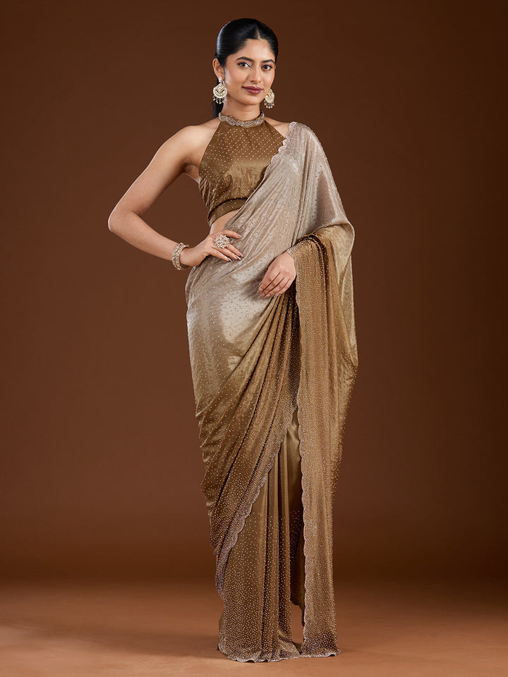 Light Grey Satin Gold Stonework Saree With Matching Blouse Piece