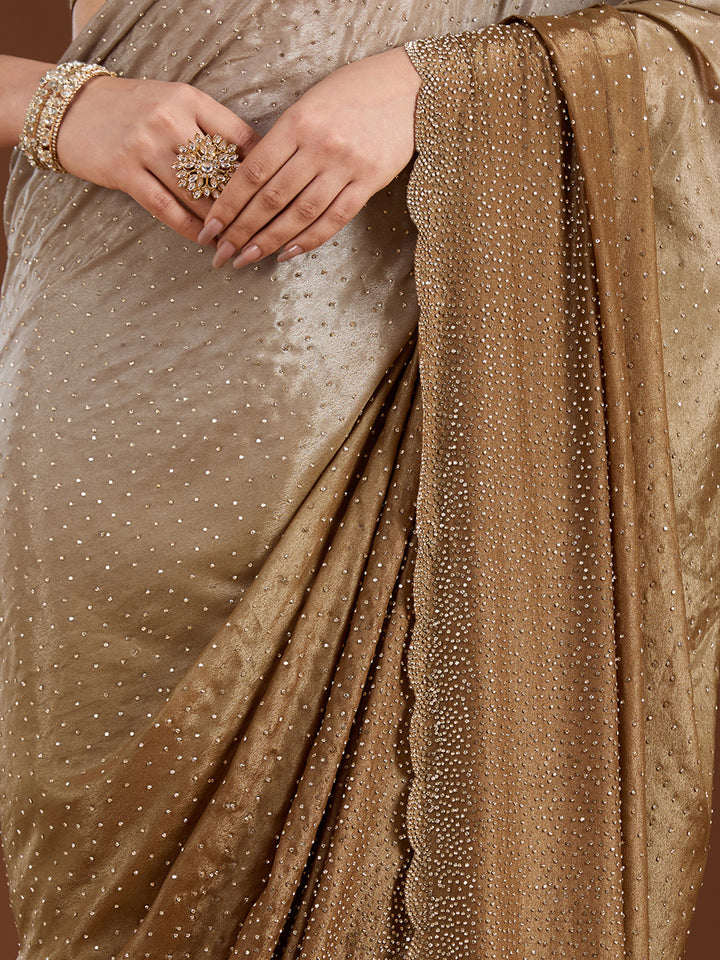 Light Grey Satin Gold Stonework Saree With Matching Blouse Piece