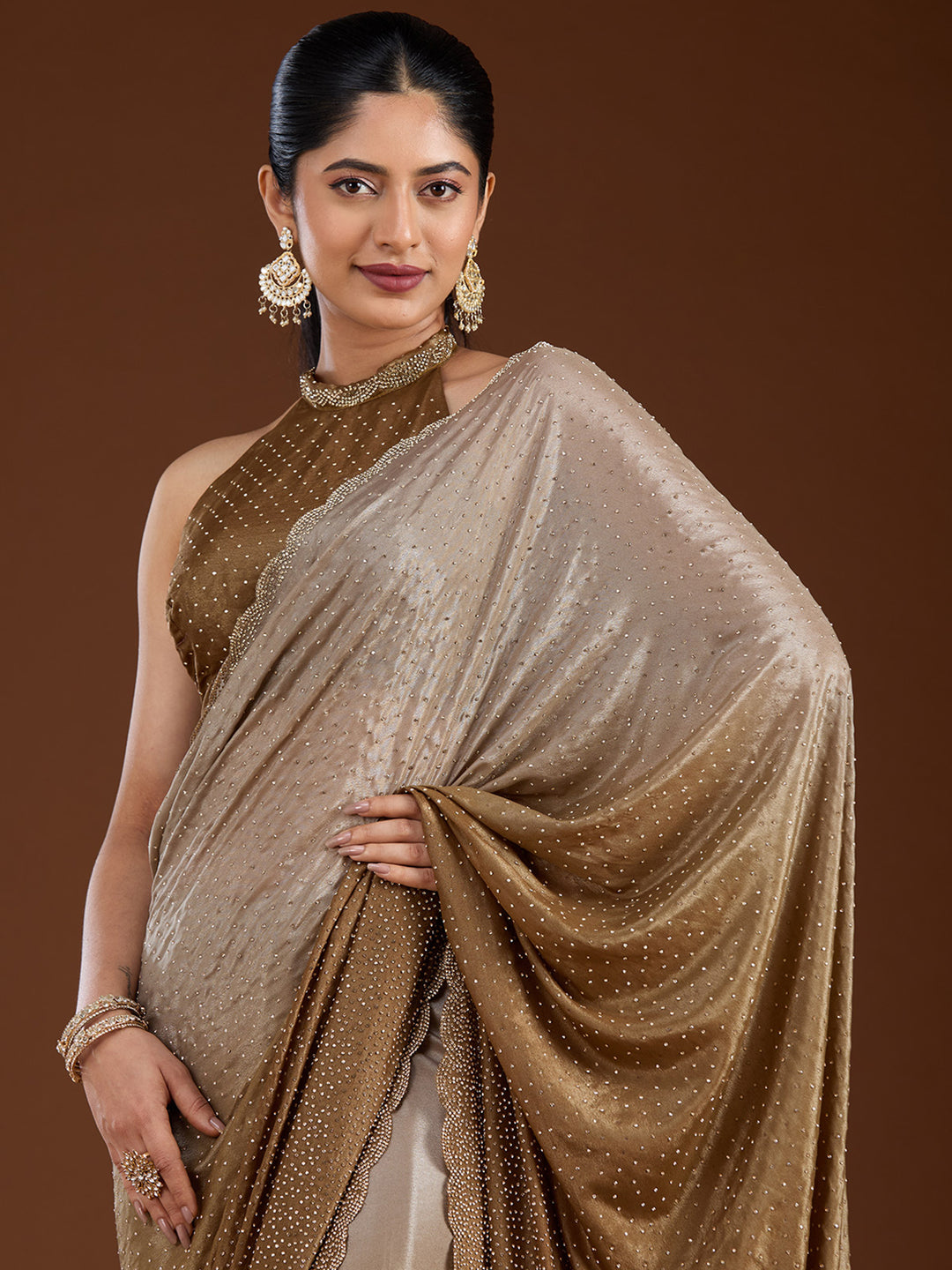 Light Grey Satin Gold Stonework Saree With Matching Blouse Piece