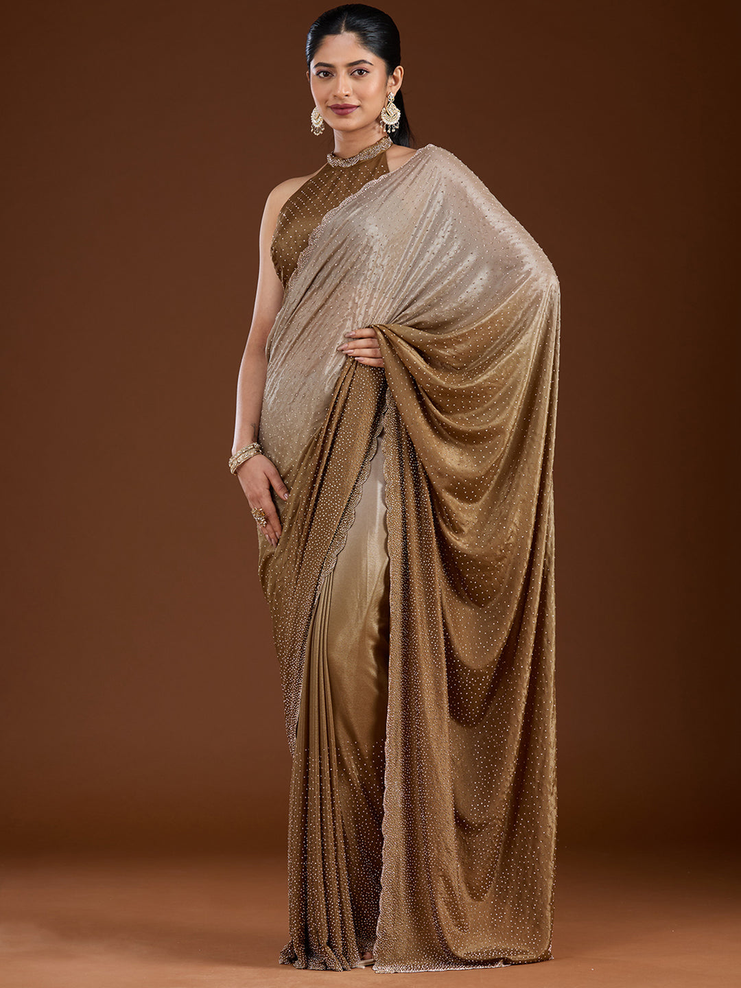 Light Grey Satin Gold Stonework Saree With Matching Blouse Piece