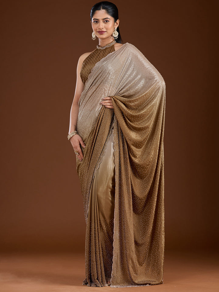 Light Grey Satin Gold Stonework Saree With Matching Blouse Piece
