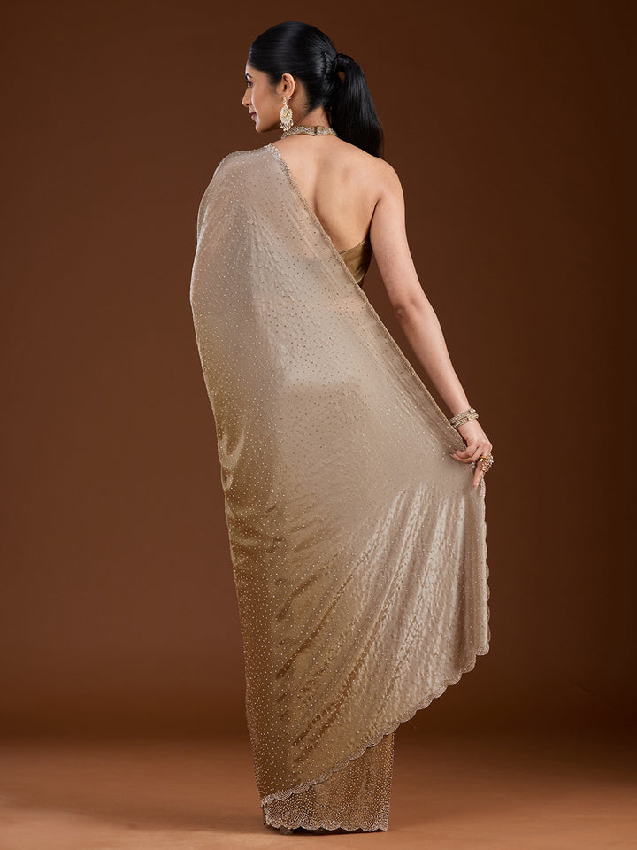 Light Grey Satin Gold Stonework Saree With Matching Blouse Piece