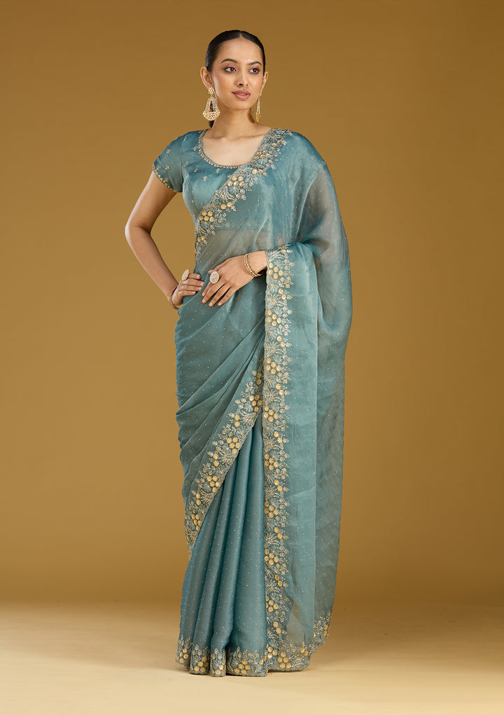 Blue Zariwork (Gold) Tissue Saree