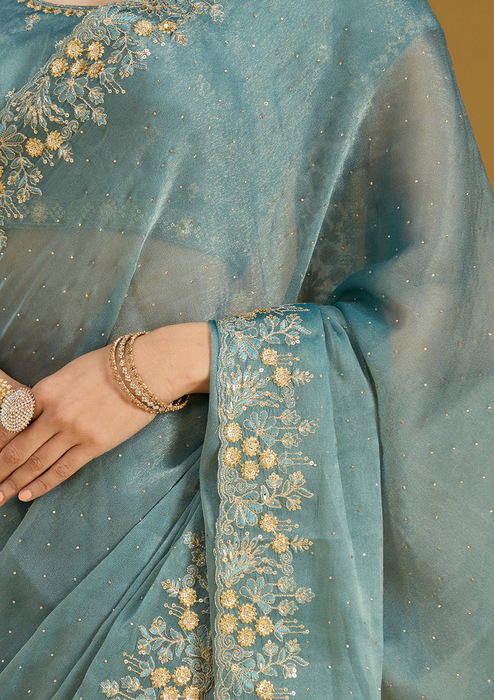 Blue Zariwork (Gold) Tissue Saree