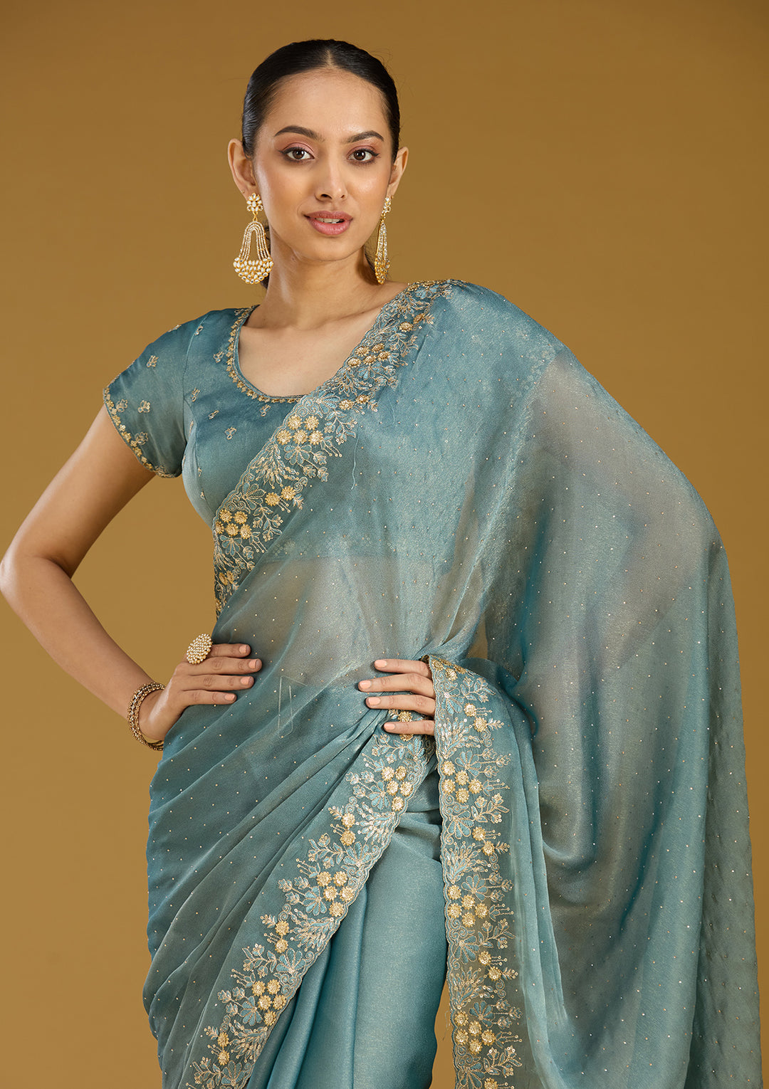 Blue Zariwork (Gold) Tissue Saree