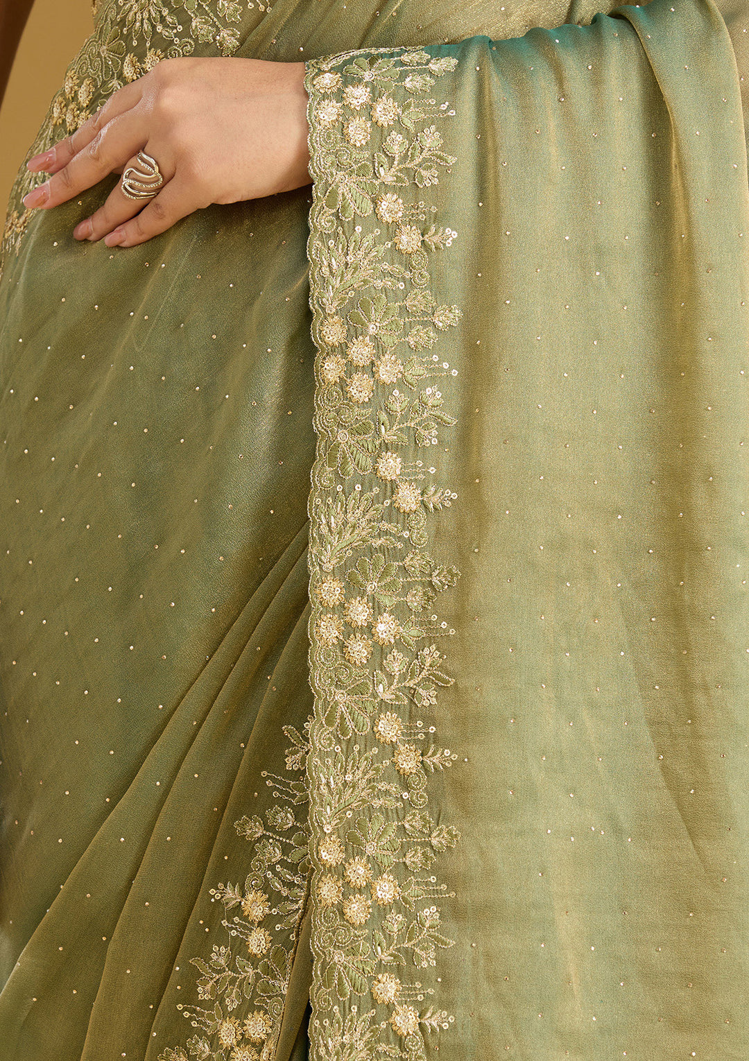 Mehandi Green Zariwork (Gold) Tissue Saree