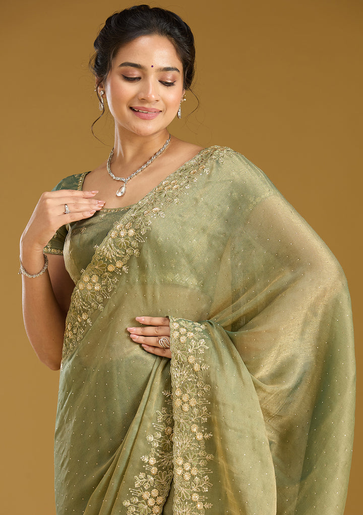 Mehandi Green Zariwork (Gold) Tissue Saree