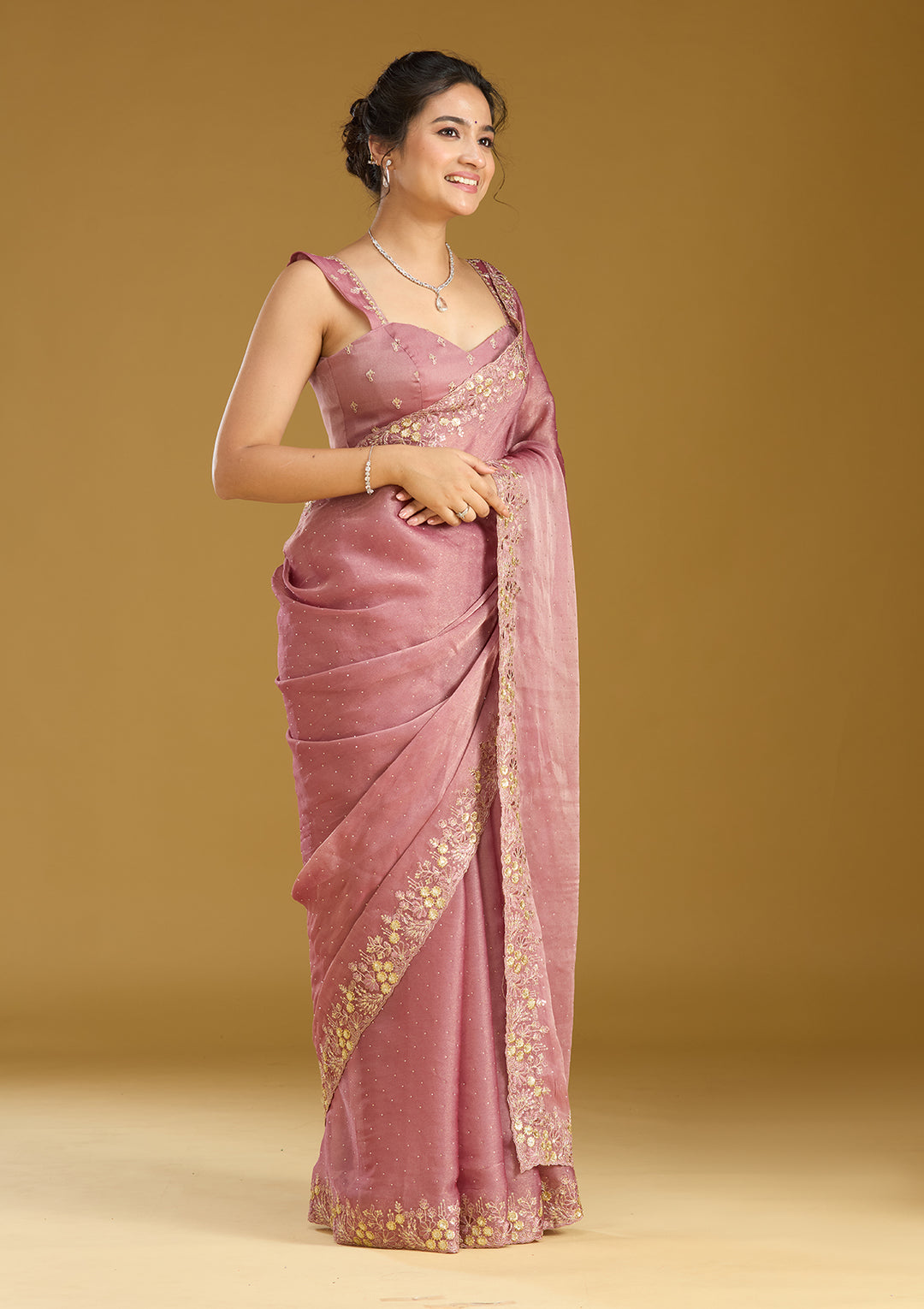 Onion Pink Zariwork (Gold) Tissue Saree