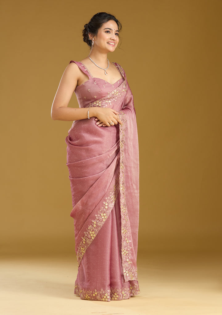 Onion Pink Zariwork (Gold) Tissue Saree