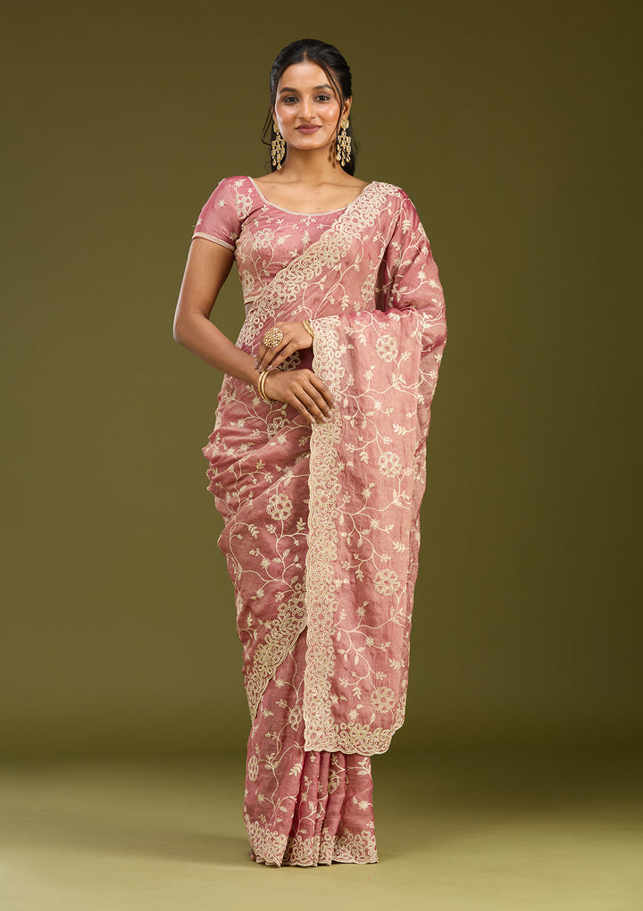Onion Pink Tissue Silver Zariwork Saree With Matching Blouse Piece