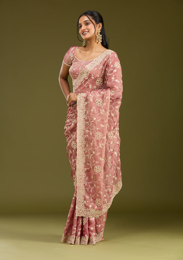 Onion Pink Tissue Silver Zariwork Saree With Matching Blouse Piece