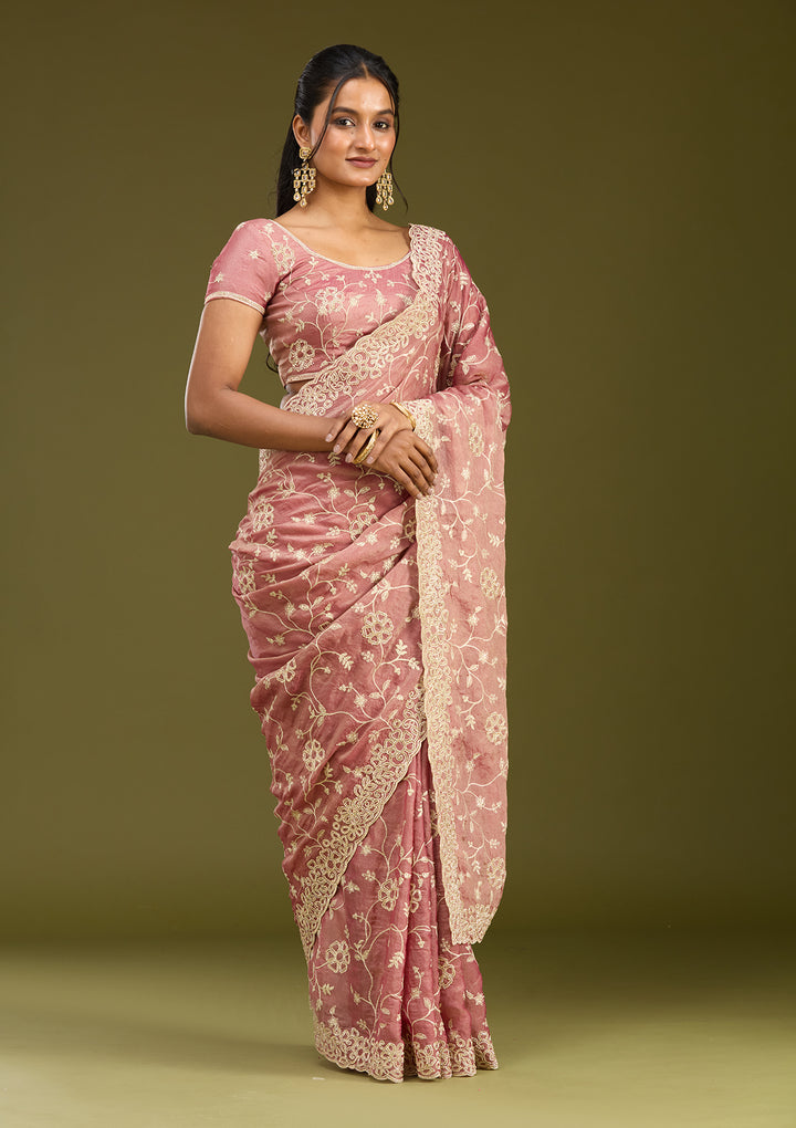 Onion Pink Tissue Silver Zariwork Saree With Matching Blouse Piece