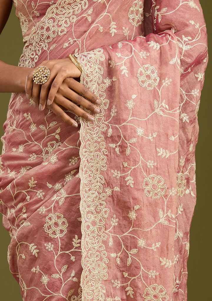 Onion Pink Tissue Silver Zariwork Saree With Matching Blouse Piece