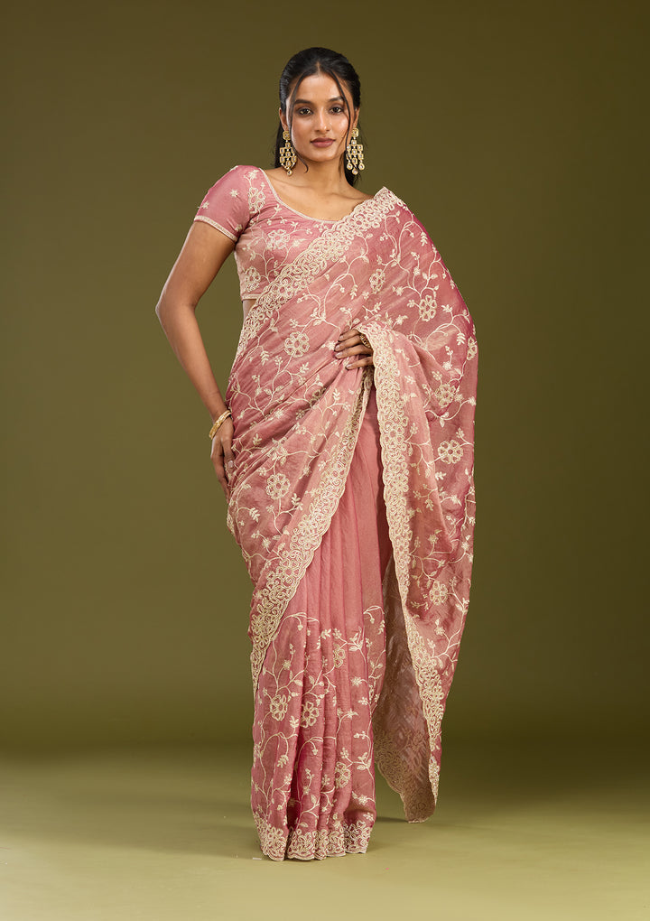 Onion Pink Tissue Silver Zariwork Saree With Matching Blouse Piece