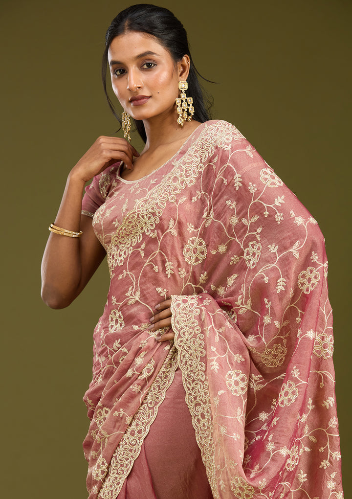 Onion Pink Tissue Silver Zariwork Saree With Matching Blouse Piece