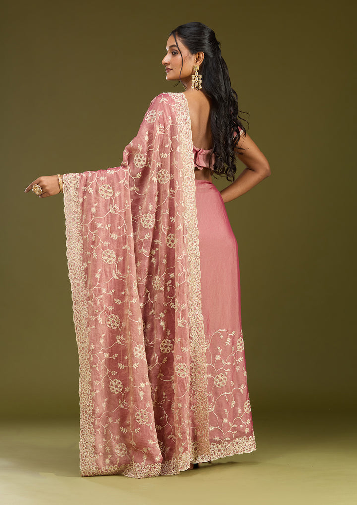 Onion Pink Tissue Silver Zariwork Saree With Matching Blouse Piece