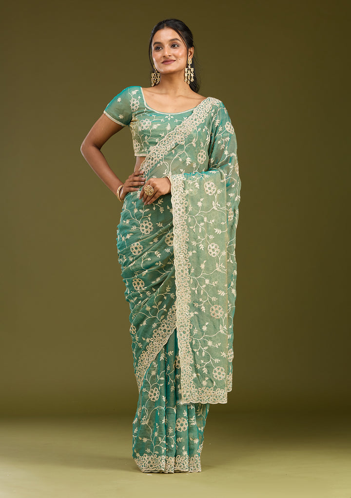 Rama Green Tissue Silver Zariwork Saree With Matching Blouse Piece