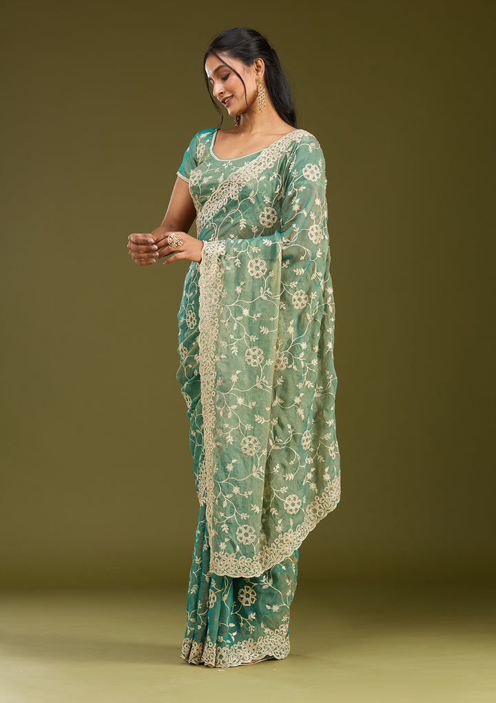 Rama Green Tissue Silver Zariwork Saree With Matching Blouse Piece
