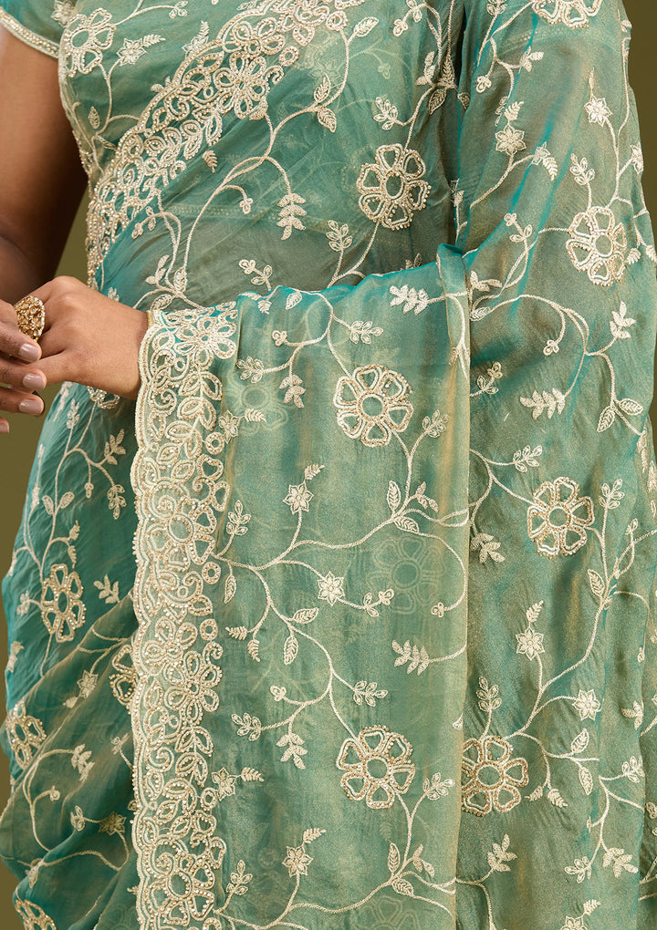 Rama Green Tissue Silver Zariwork Saree With Matching Blouse Piece