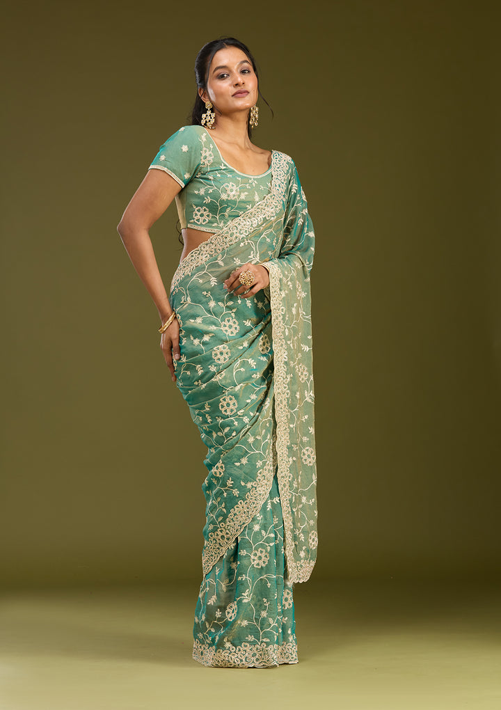 Rama Green Tissue Silver Zariwork Saree With Matching Blouse Piece