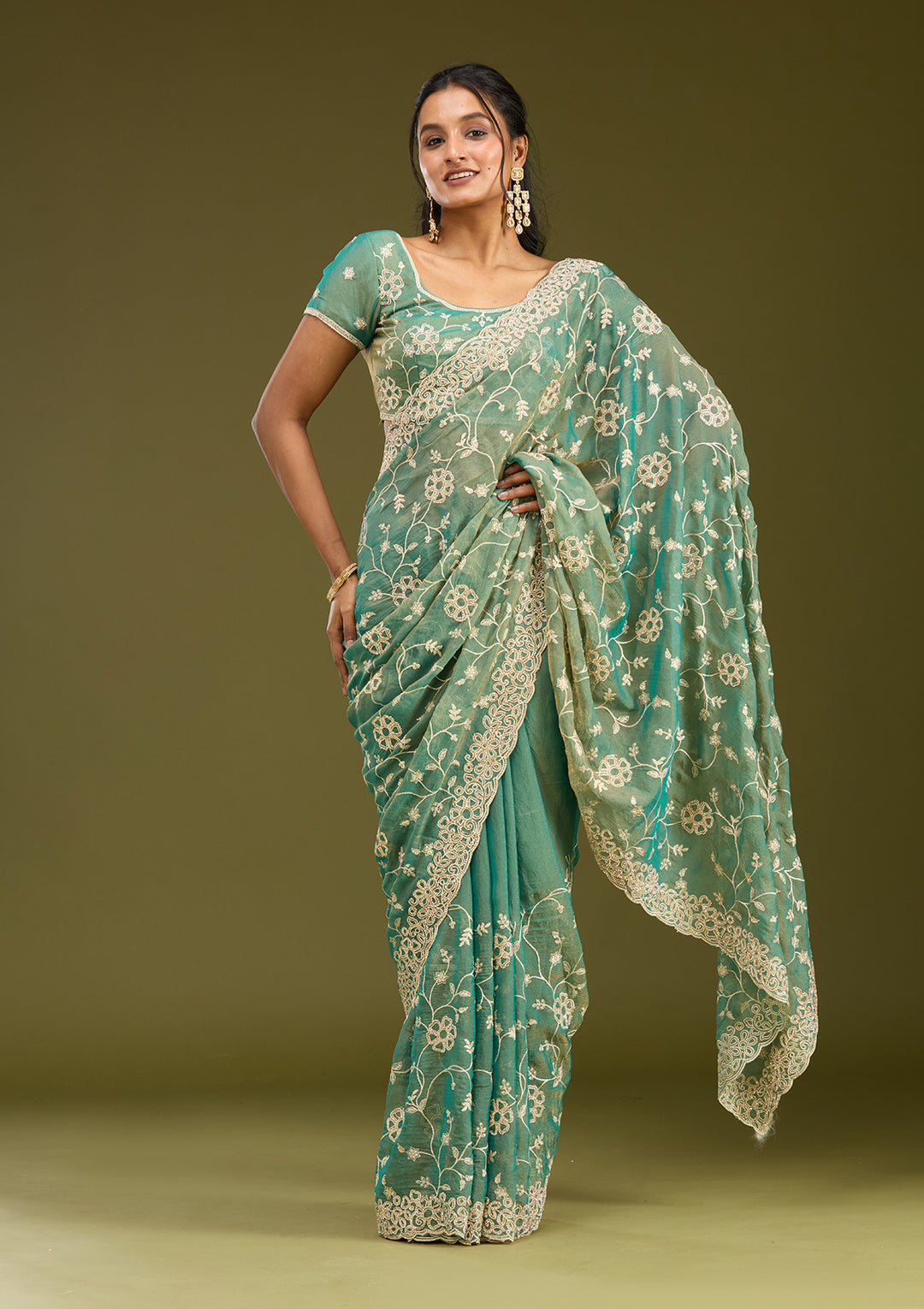 Rama Green Tissue Silver Zariwork Saree With Matching Blouse Piece