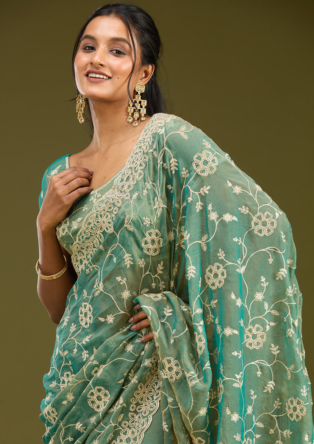 Rama Green Tissue Silver Zariwork Saree With Matching Blouse Piece