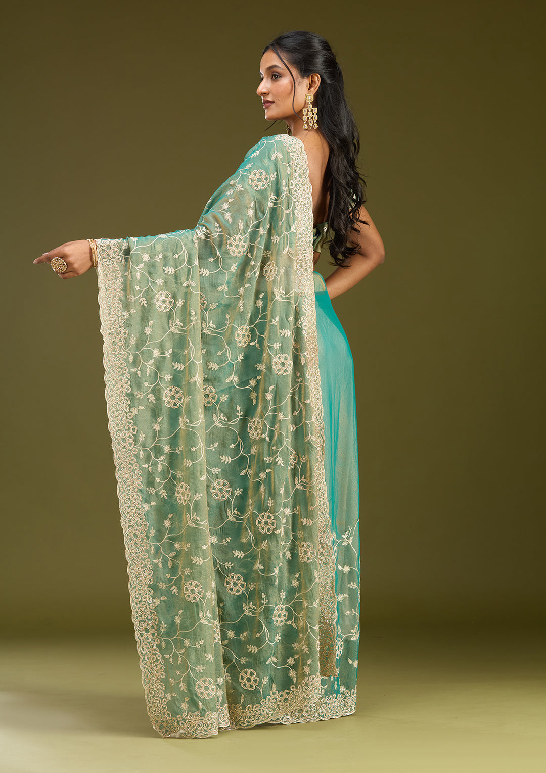 Rama Green Tissue Silver Zariwork Saree With Matching Blouse Piece