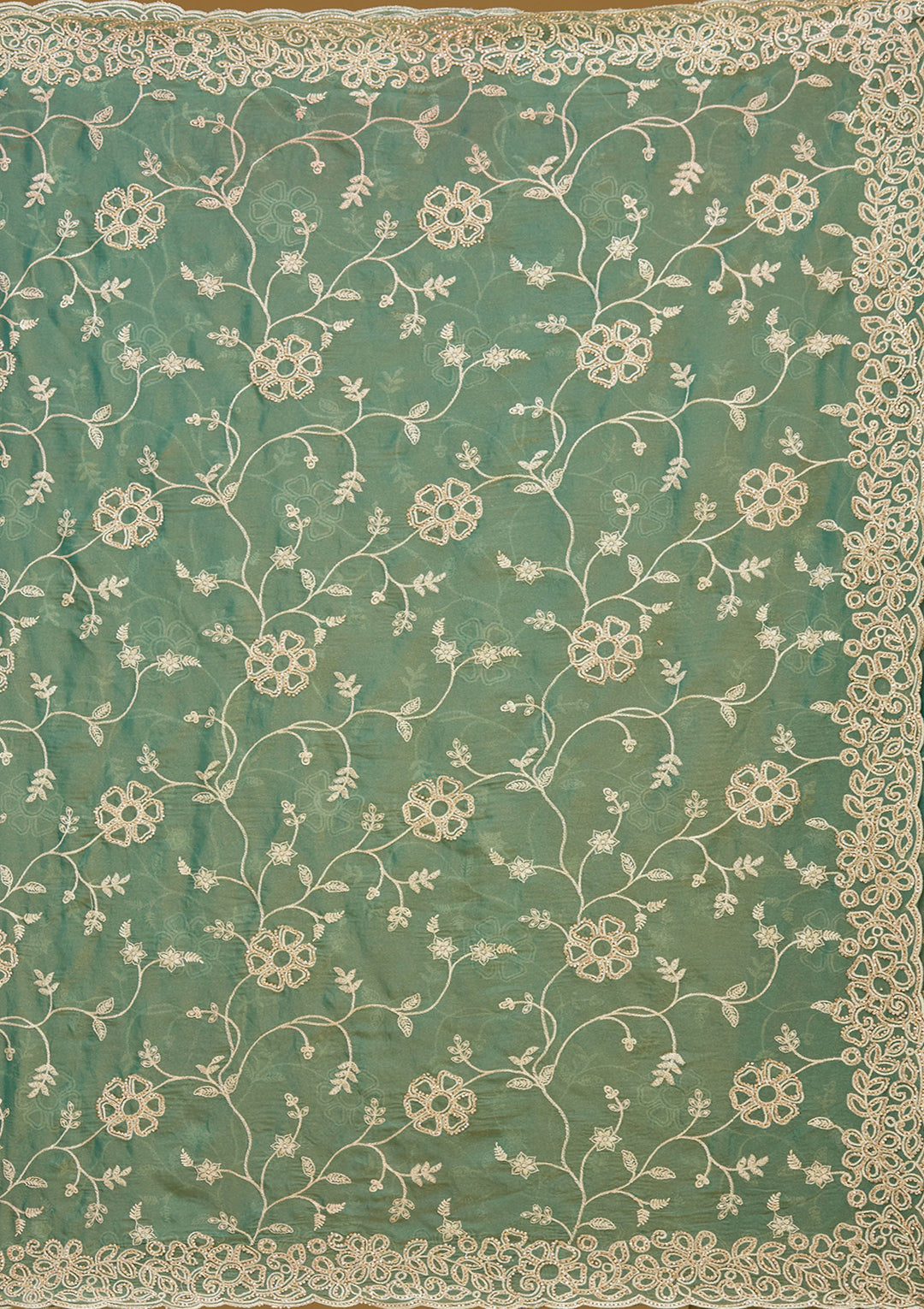 Rama Green Tissue Silver Zariwork Saree With Matching Blouse Piece