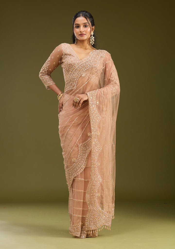 Peach Zariwork (Antique) Net Saree