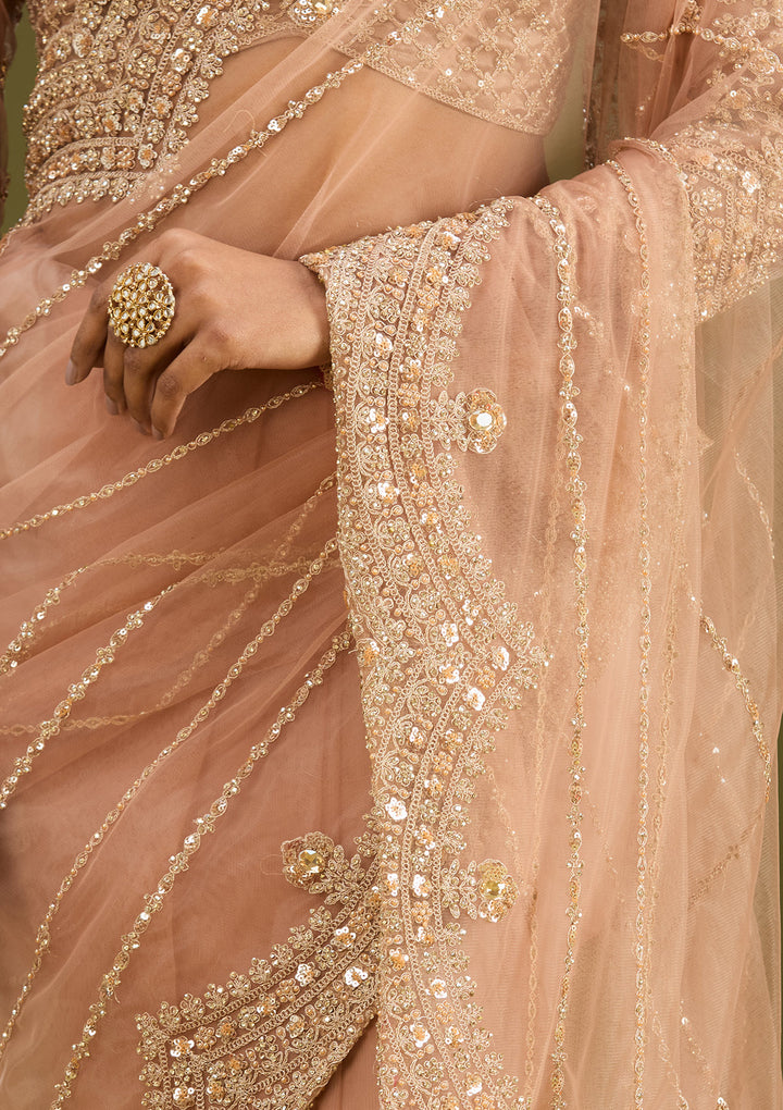 Peach Zariwork (Antique) Net Saree