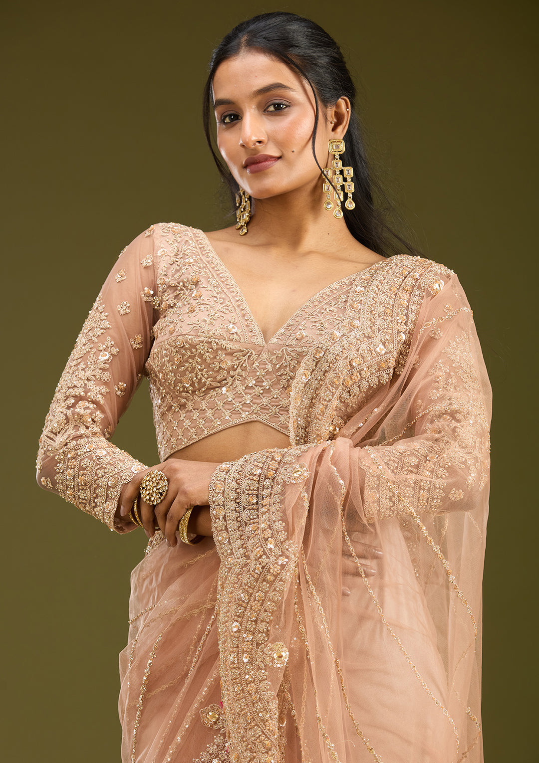 Peach Zariwork (Antique) Net Saree