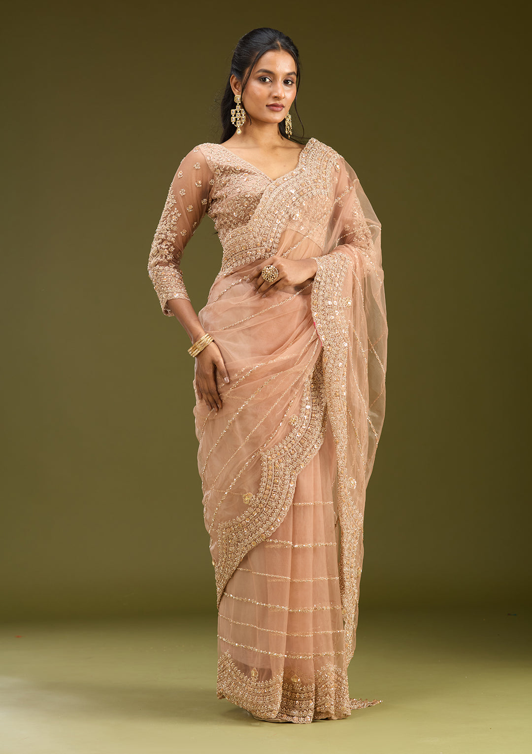 Peach Zariwork (Antique) Net Saree