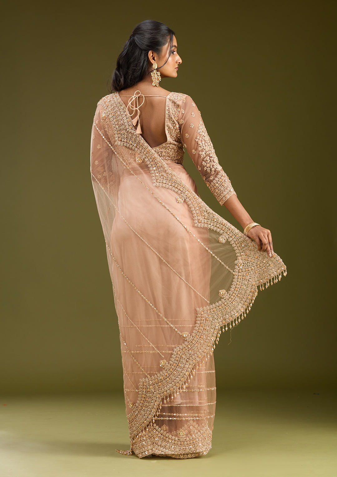 Peach Zariwork (Antique) Net Saree