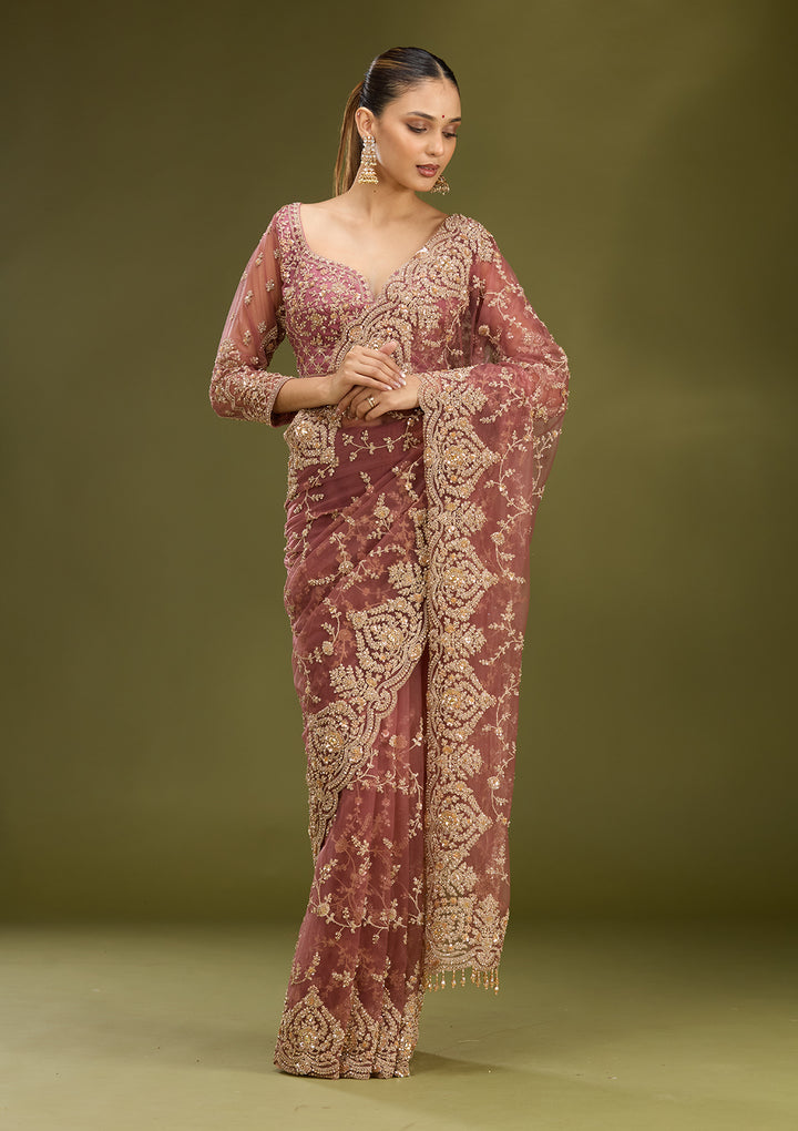 Onion Pink Net Gold Zariwork Saree With Matching Blouse Piece