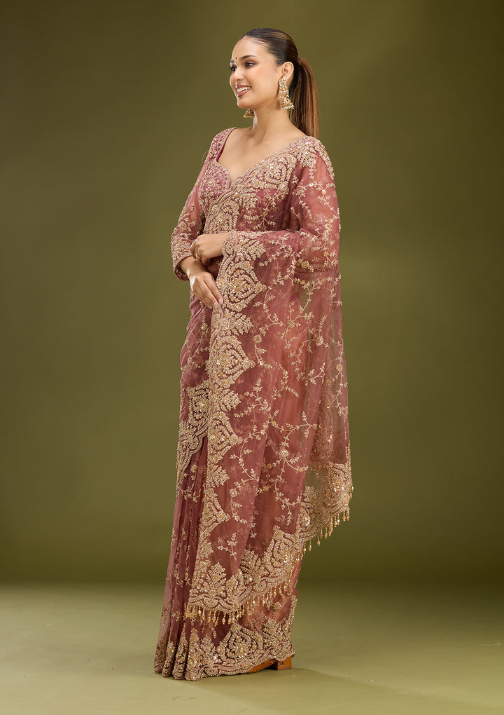 Onion Pink Net Gold Zariwork Saree With Matching Blouse Piece