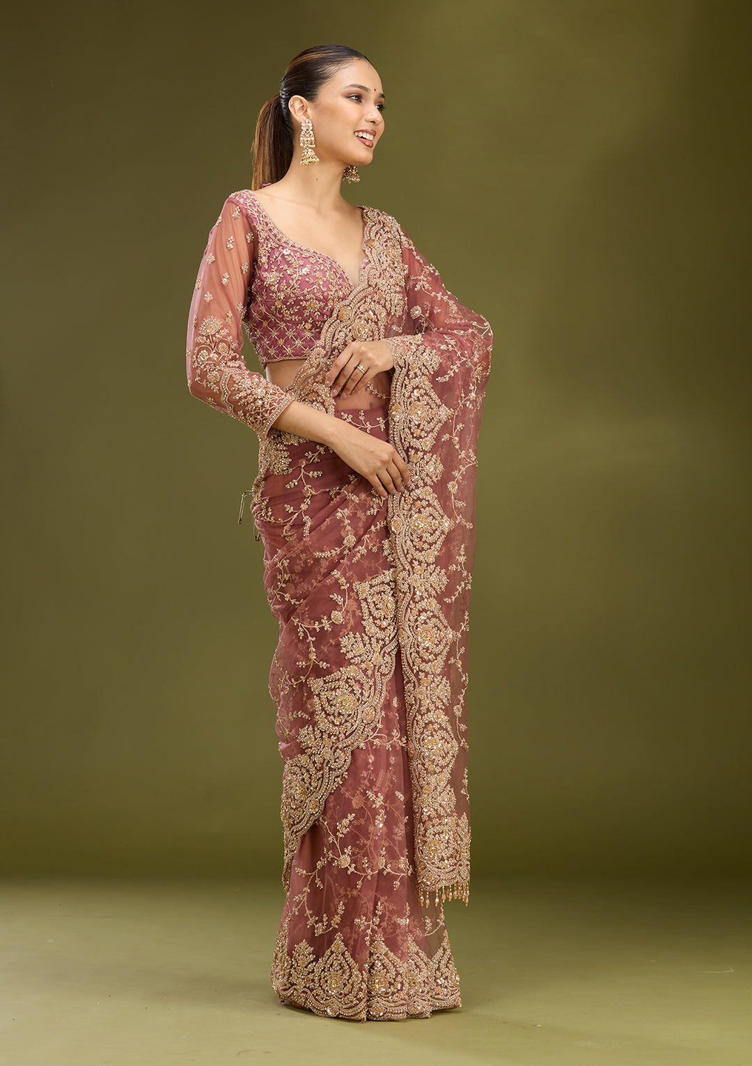 Onion Pink Net Gold Zariwork Saree With Matching Blouse Piece