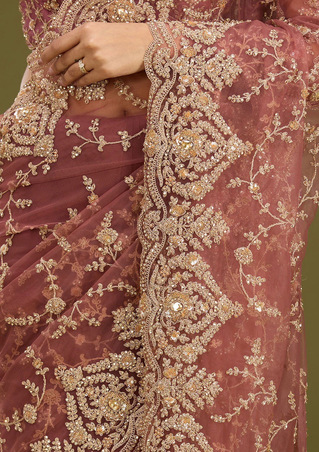 Onion Pink Net Gold Zariwork Saree With Matching Blouse Piece