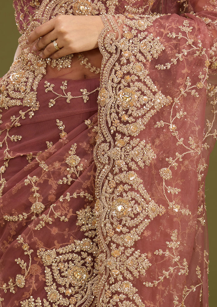 Onion Pink Net Gold Zariwork Saree With Matching Blouse Piece