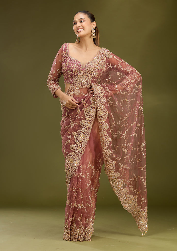Onion Pink Net Gold Zariwork Saree With Matching Blouse Piece