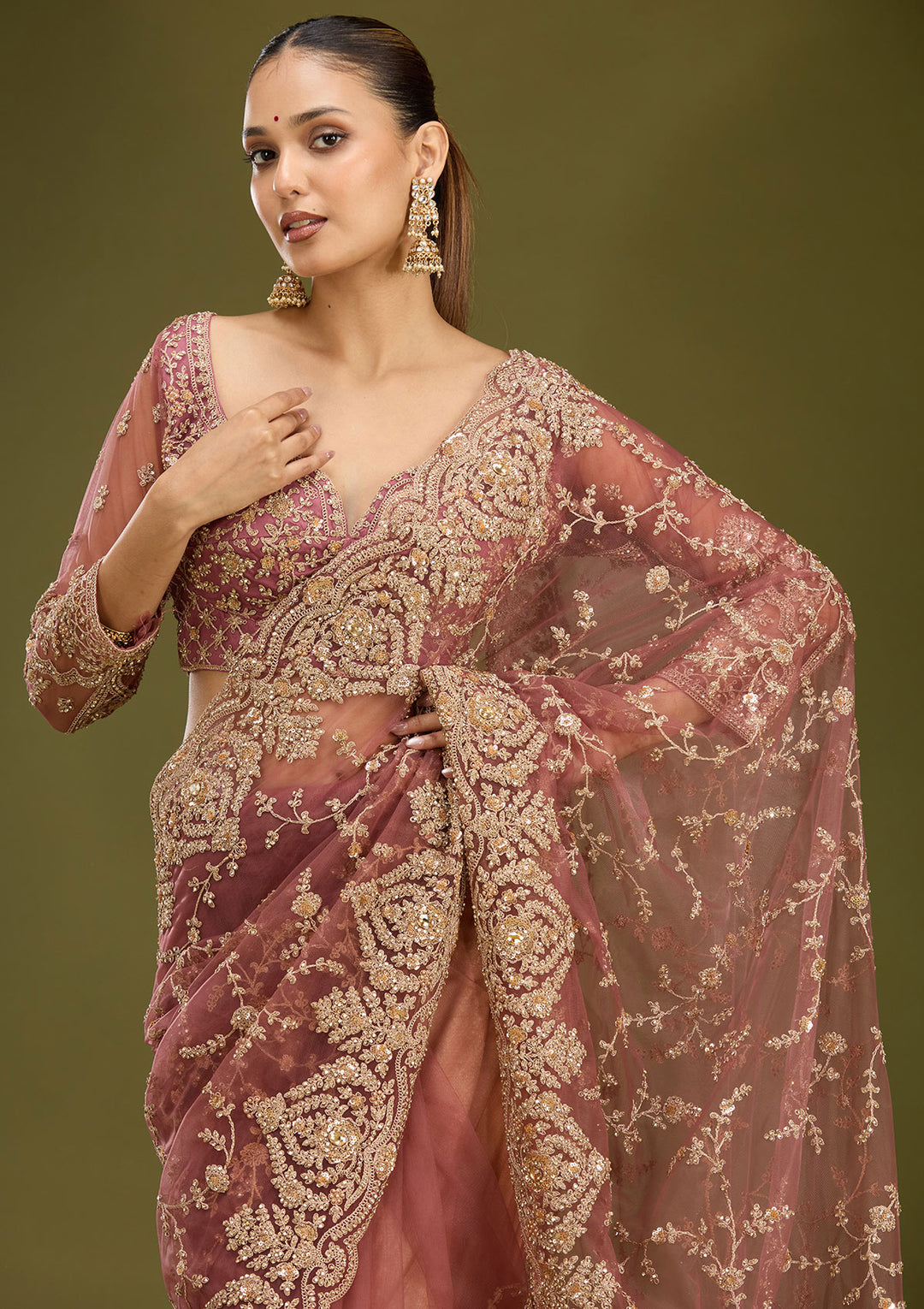 Onion Pink Net Gold Zariwork Saree With Matching Blouse Piece