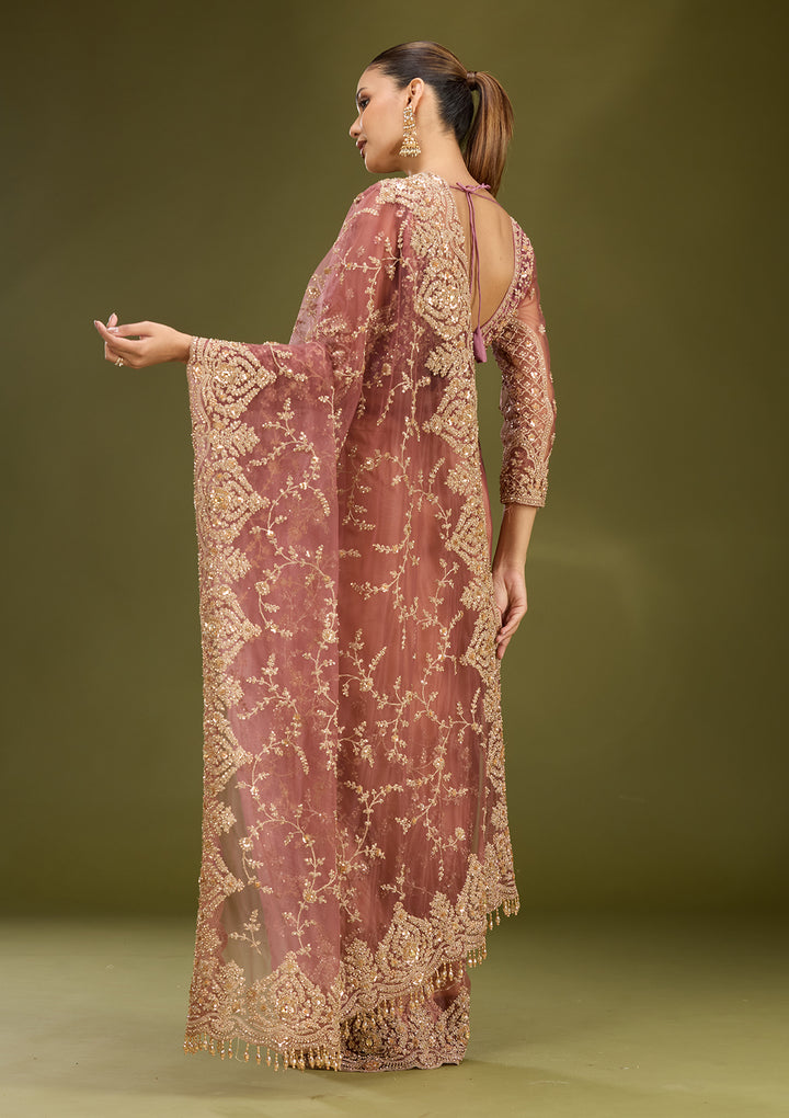 Onion Pink Net Gold Zariwork Saree With Matching Blouse Piece