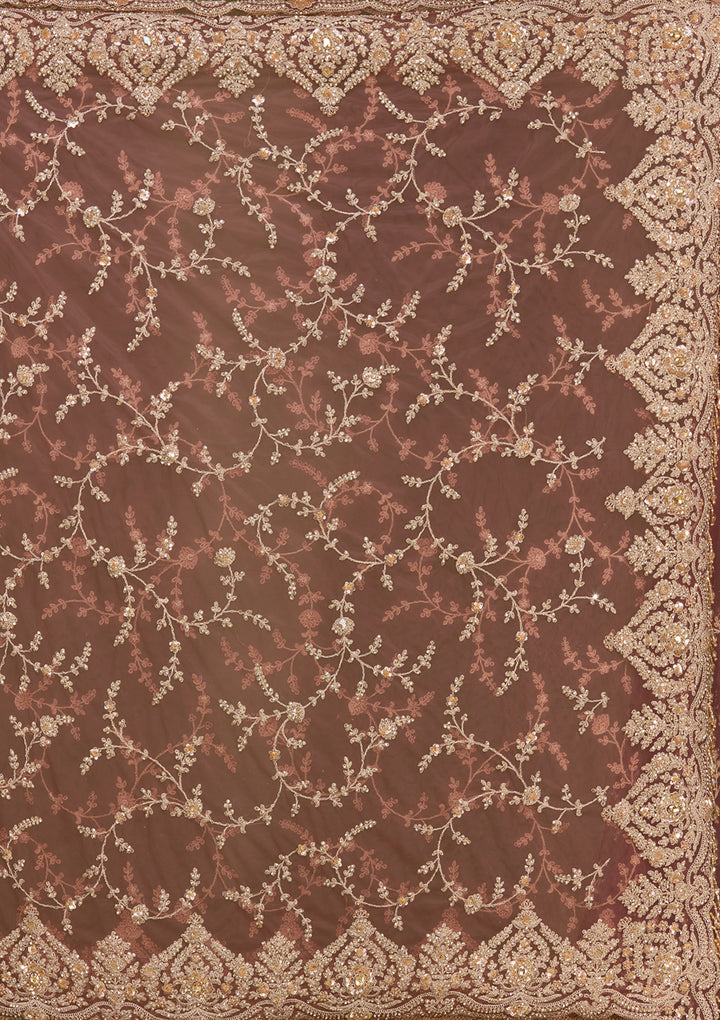 Onion Pink Net Gold Zariwork Saree With Matching Blouse Piece