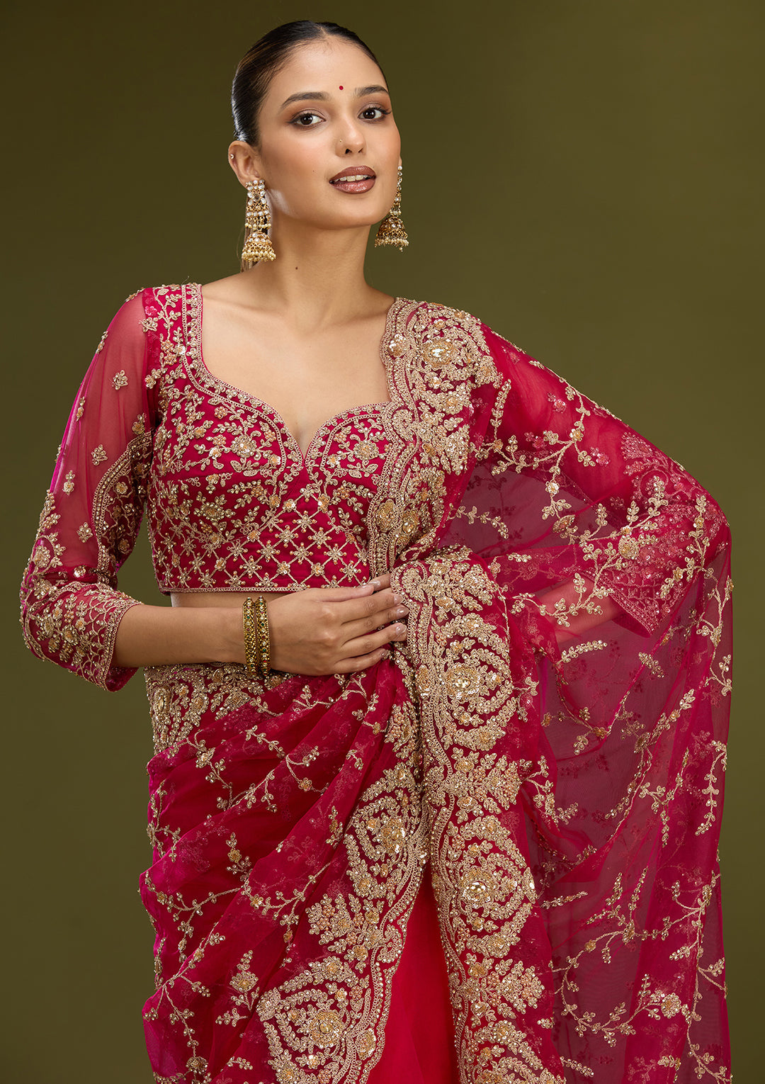 Rani Pink Net Gold Zariwork Saree With Matching Blouse Piece