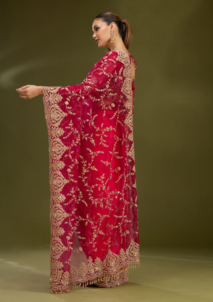 Rani Pink Net Gold Zariwork Saree With Matching Blouse Piece